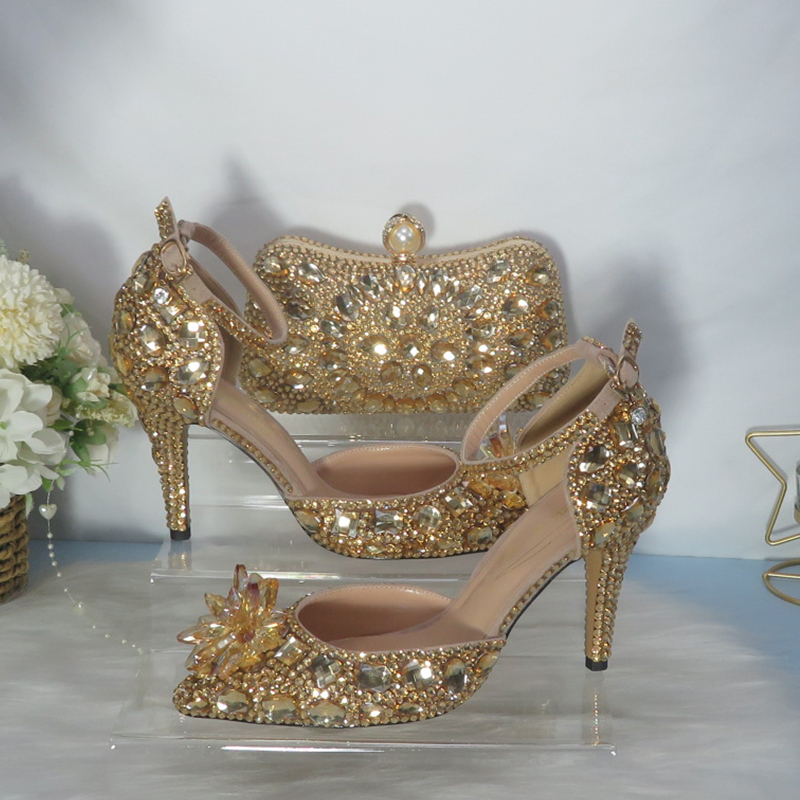 Women Bags For Party - 2021 Nieuwe Gouden Kristallen Bruidsschoenen Met